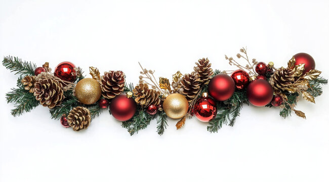 hermoso arreglo floral horizontal con ramas de abeto o pino a modo de cenefa, con decoraciones navide&ntilde;as de bolas rojas, doradas brillantes, pi&ntilde;as secas, acebo y adornos color oro.