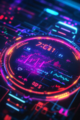 Fototapeta premium A glowing fitness tracker icon with health data streams, symbolizing online wellness platforms, real-time fitness analytics, and smart workout tools. 