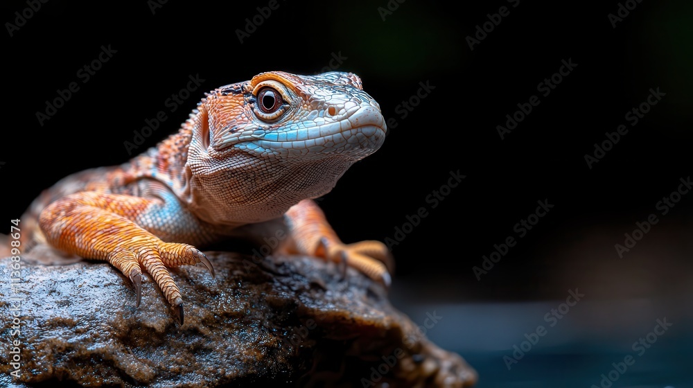Poster a detailed close-up image of a lizard perched on a rock, against an artfully blurred dark background