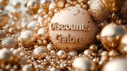 Beige sphere with "Discounts Galore" surrounded by gold spheres and glitter.