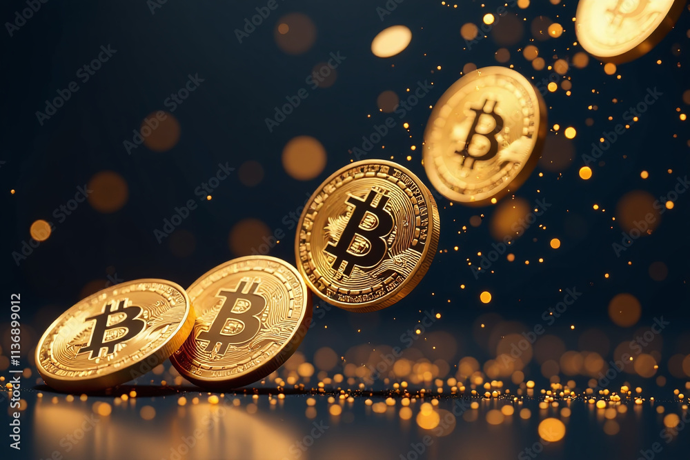 Poster artificially generated bitcoin coins falling using generative ai