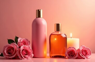 A hair shampoo product with an elegant rose and candle theme. The background is a gradient of light pink to dark beige. A bottle stands next to roses