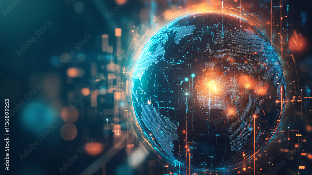 Poster a glowing globe icon connected to digital real-time weather data and climate change analytics, repre