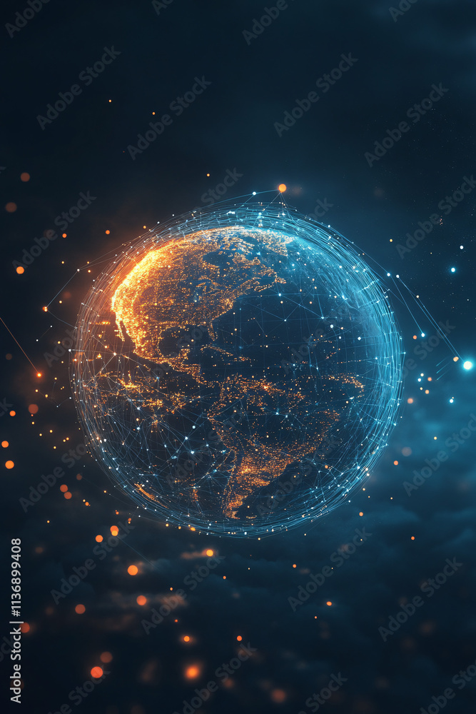 Poster a glowing globe icon connected to digital real-time weather data and climate change analytics, repre
