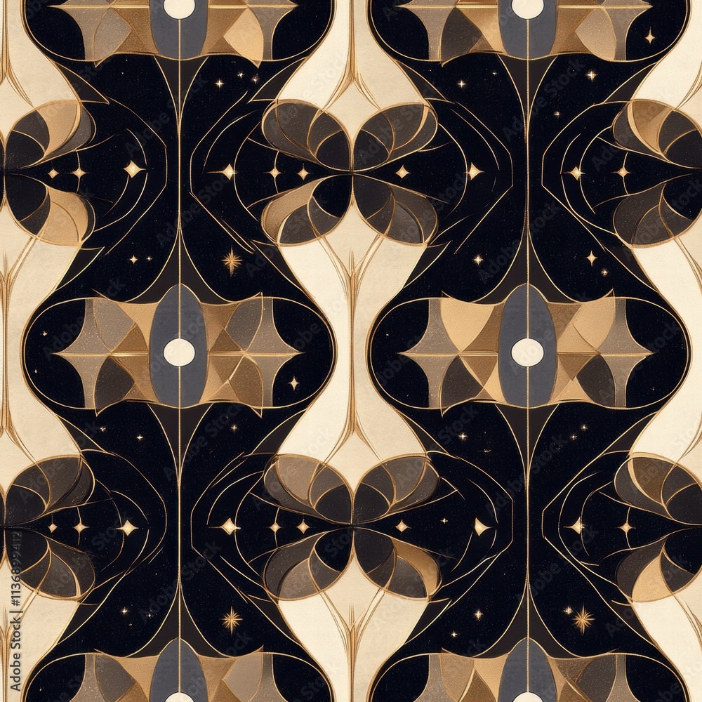 Poster elegant floral shapes and geometric elements intertwine on a deep black background, creating a stunn