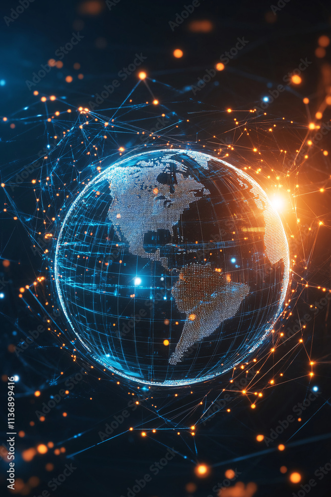Poster a glowing globe icon connected to digital real-time weather data and climate change analytics, repre
