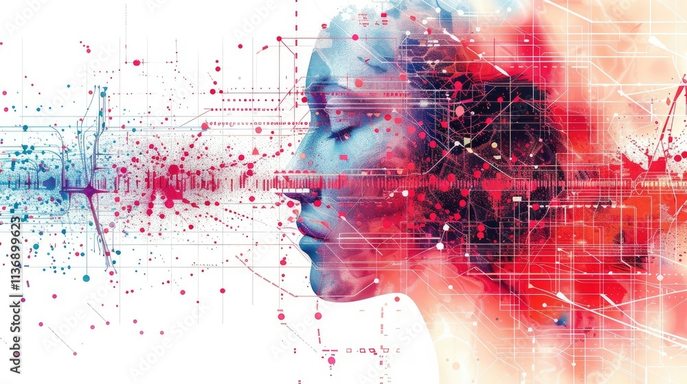 Poster abstract representation of a human face intertwined with digital elements and data patterns.