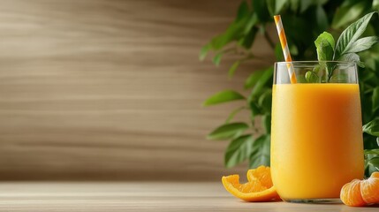 Fototapeta premium A tall glass of fresh orange juice with a striped straw, complemented by orange slices and green leaves, offering a healthy and vibrant drink option for any occasion.