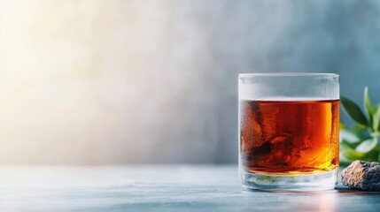 A refreshing glass of iced tea is placed on a stone table, surrounded by greenery. The image conveys a sense of freshness and calm, perfect for a relaxing afternoon.