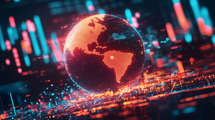 Fototapeta premium A glowing globe icon with sustainability data surrounding it, symbolizing online eco-friendly platforms, green tech solutions, and environmental analytics. 