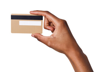 Closeup of black female hand holding plastic credit card , woman showing blank business card on white isolated studio background, copy space, cutout