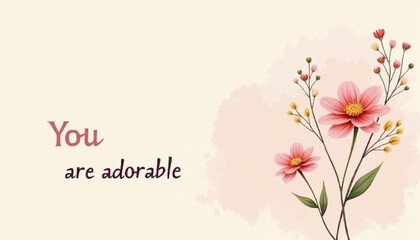 Minimalistic thank you card with pink watercolor flowers, green leaves, and "You are adorable" message on a soft beige background for International Thank You Day