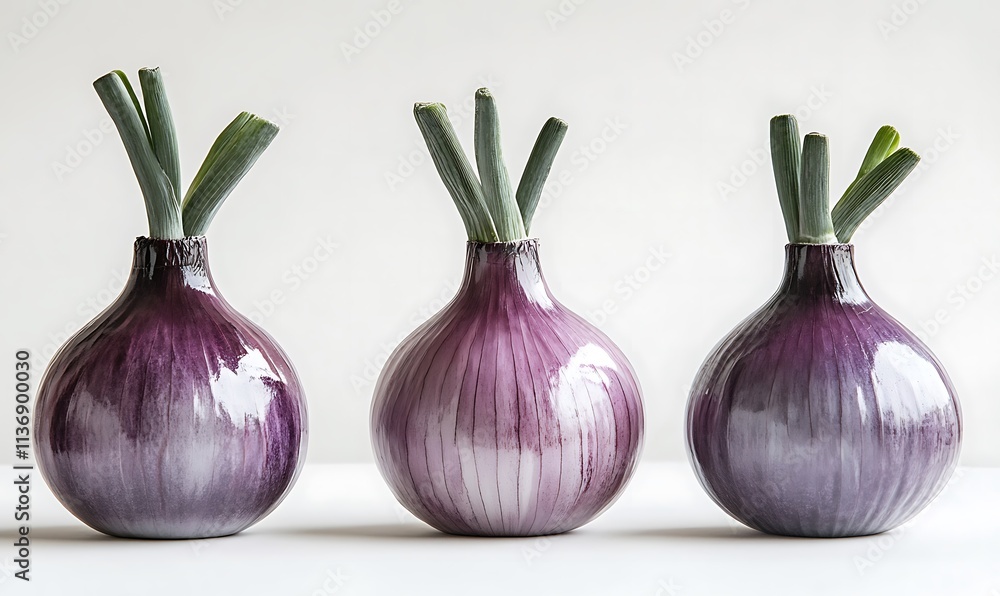 Poster three red onions with green sprouts arranged in a row