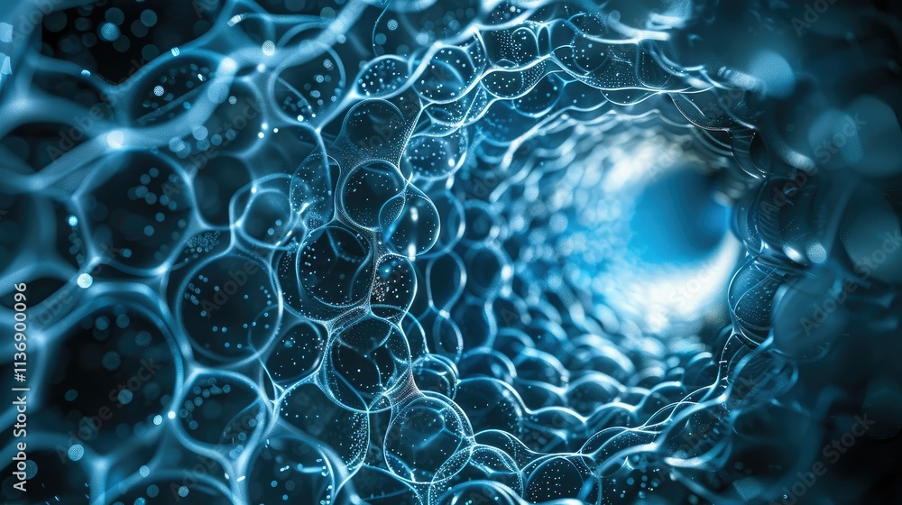 Poster abstract representation of interconnected bubbles in a digital tunnel, conveying depth and fluidity.