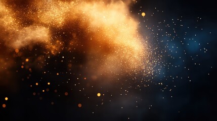 Obraz premium A mesmerizing cloud of golden particles creates a glowing effect against a dark sky, capturing an ethereal and magical essence of dreams and imagination.