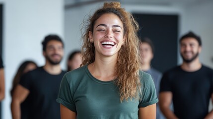 A woman in a green shirt smiles warmly at the camera, with others slightly blurred behind her, showcasing a moment of joy and lightheartedness in an inclusive environment.