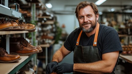 Fototapeta premium A skilled craftsman with a friendly demeanor is seen in a shoe workshop, complete with leather items and tools, capturing the essence of craftsmanship and dedication.