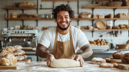 A cheerful baker stands in his bakery surrounded by baked goods, kneading dough with enthusiasm, symbolizing passion and the art of baking.