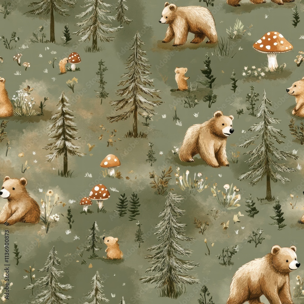 Poster soft hues create a delightful tapestry of bears exploring their forest home, surrounded by evergreen