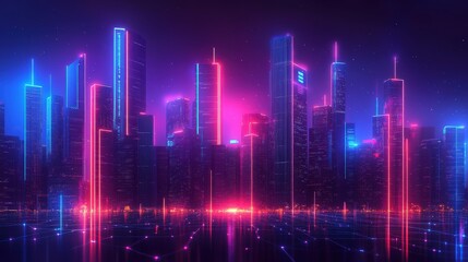 Naklejka premium Smart city g connectivity diagram with neon lights and skyscrapers