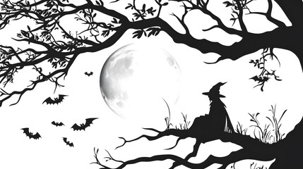 10 Halloween horizontal banner with a spooky logo, tree branches, bats, and a playful witch silhouetted against the full moon