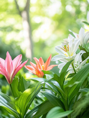 Fototapeta premium Colorful flowers in a serene, natural setting.