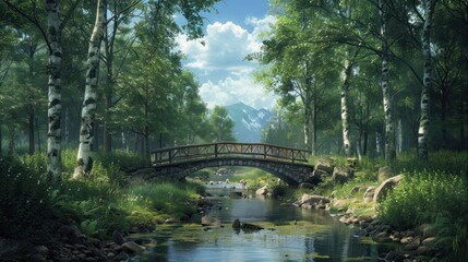 Serene stone bridge over a calm stream in a lush forest with mountains in the background.