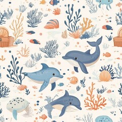 Explore a whimsical underwater realm where dolphins frolic among vibrant corals, colorful fish, and treasures of the sea in a seamless design. Generative AI