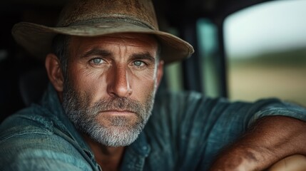 A rugged man wearing a wide-brimmed hat stares intently at the camera, exuding confidence and mystery, while outside in a natural setting, creating a strong presence.