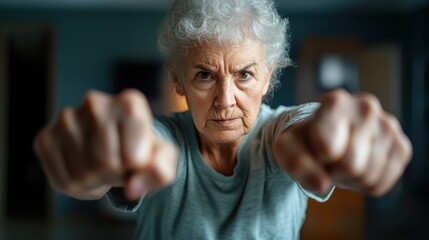 An elderly woman poses fiercely with her fists forward, showcasing grit, power, and the unstoppable spirit of active aging in a dynamic indoor environment.