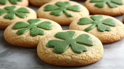 St. Golden brown cookies with green shamrock icing, arranged on baking sheet, perfect for St. Patrick's Day celebration, festive dessert, soft focus background, warm cozy atmosphere