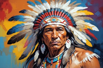 Fototapeta premium Abstract vintage oil painting portrait of a native american man with headdress decoration, people and culture, tradition, history theme concept. 