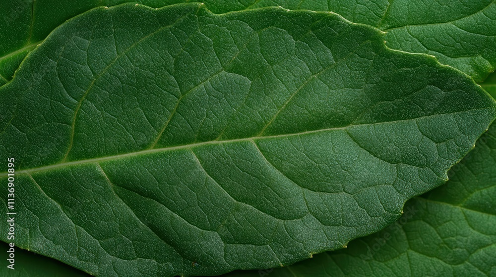 Poster a detailed close view of a green leaf, capturing the intricate texture and vein patterns which highl
