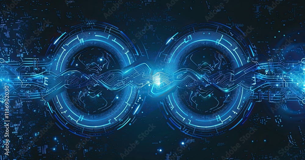Poster futuristic digital design featuring interconnected loops and chains.