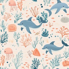 Fototapeta premium Experience the charm of aquatic life with dolphins swimming among jellyfish and coral, creating a lively and vibrant underwater world. Generative AI