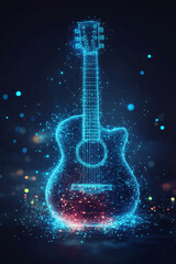 A glowing guitar icon with interactive music metrics, symbolizing online music creation platforms, digital recording tools, and smart sound analytics. 