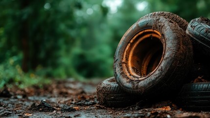 Fototapeta premium Old, muddy tires are stacked in a forest setting on a damp day, capturing a sense of abandonment, nature, and the passage of time.