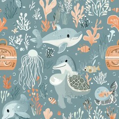 Fototapeta premium Delightful seamless pattern showcases lively dolphins, curious sea turtles, and colorful corals, perfect for ocean-themed projects and decor. Generative AI