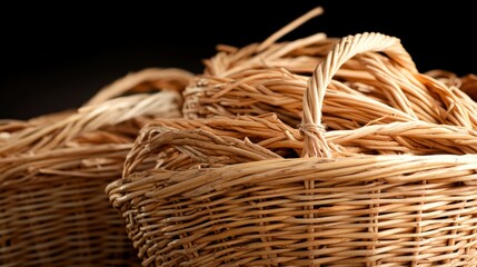 A collection of woven baskets with intricate patterns carefully stacked, showcasing traditional craftsmanship under warm lighting, highlighting their texture and detail.