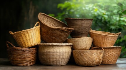 A variety of baskets are creatively stacked against a lush green background, showcasing different styles and materials, reflecting traditional and functional art forms.