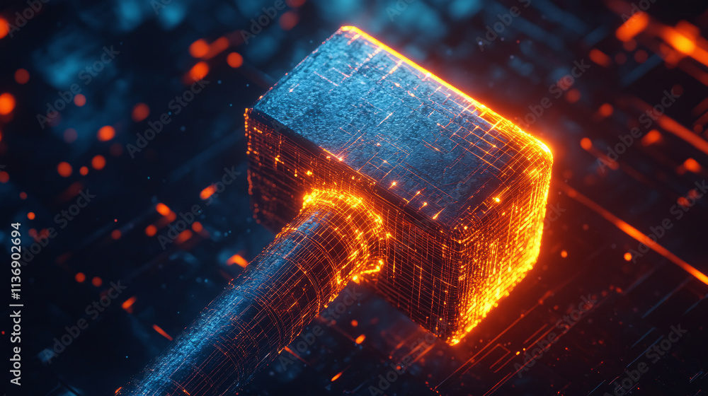 Poster a glowing hammer icon with building data, symbolizing online construction platforms, smart architect