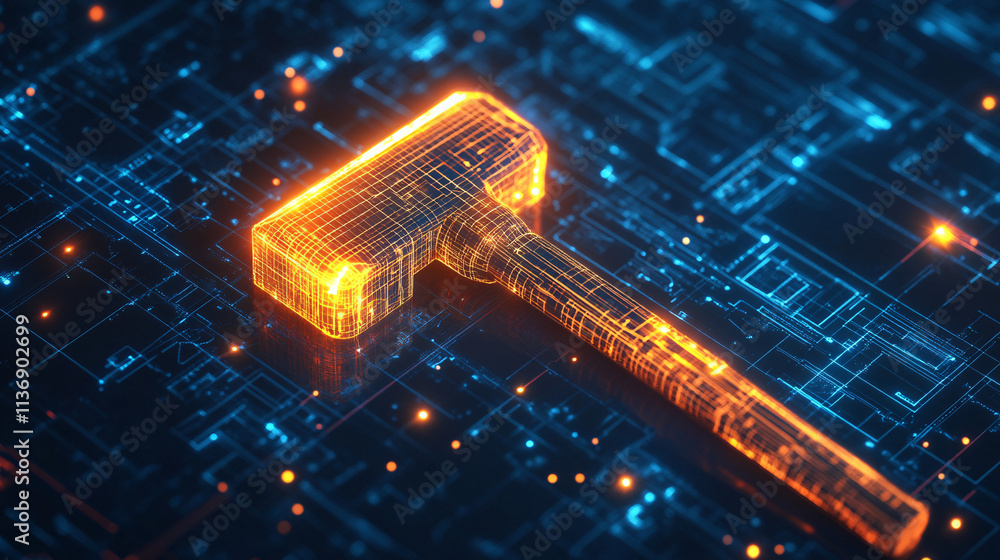 Poster a glowing hammer icon with building data, symbolizing online construction platforms, smart architect
