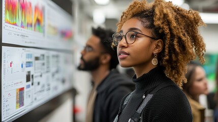 Young Individuals Engaged in a Scientific Presentation, Analyzing Data Displays in a Modern Learning Environment