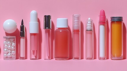 Lip oil Douyin makeup Refillable lipstick Sustainable beauty Perfume dupe glow Asmr skincare pie blissim Depology Pink cosmetic bottles and tubes with white caps arranged in a row on background, prod