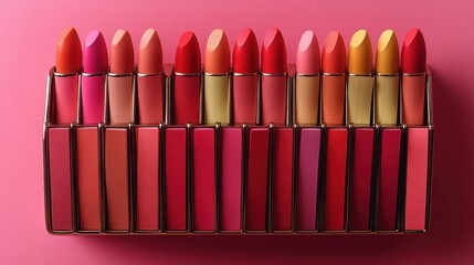 Vibrant lipstick shades arranged in neat rows, showcasing diverse colors and textures, perfect for beauty product promotions, cosmetic advertisements, makeup tutorials, with a soft pink background an