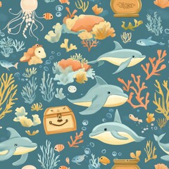 Obraz premium Delve into a whimsical underwater world where playful dolphins swim among colorful corals, sea creatures, and hidden treasures beneath the waves. Generative AI