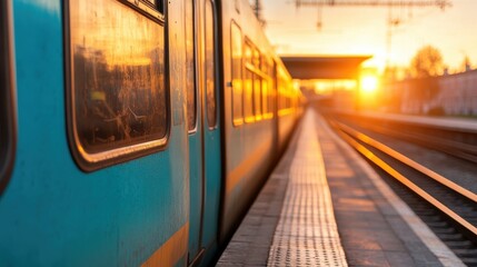 Obraz premium A moving train is pictured at a station platform during sunset, casting a warm glow over the scene, symbolizing travel and transition as the day ends.