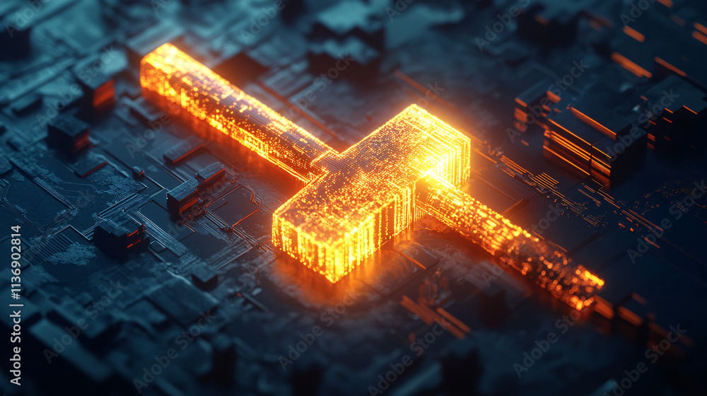 Poster a glowing hammer icon with building data, symbolizing online construction platforms, smart architect