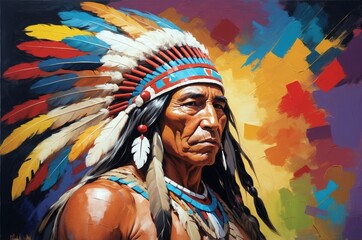 Fototapeta premium Abstract vintage oil painting portrait of a native american man with headdress decoration, people and culture, tradition, history theme concept. 