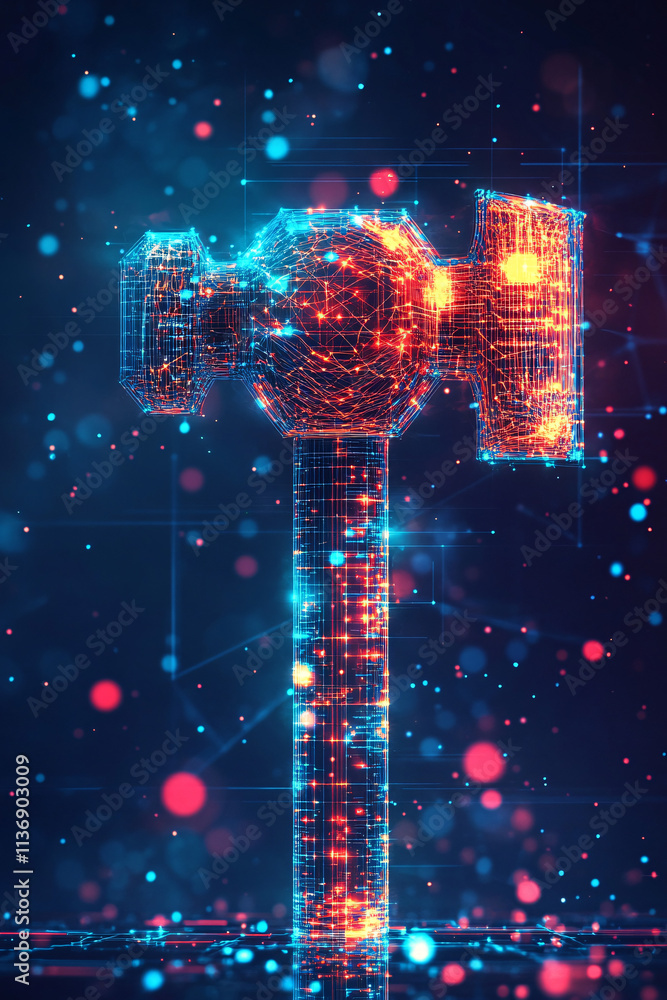 Poster a glowing hammer icon with building data, symbolizing online construction platforms, smart architect